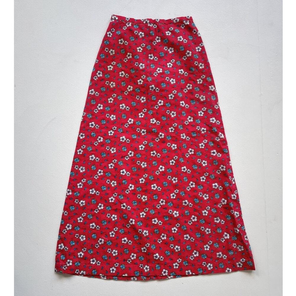 Vtg 70s Retro Red Floral High Rise A Line Maxi Skirt · S · Flower Power · Mod